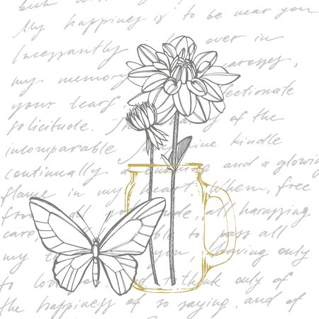 Hand-drawn ink dahlias. Floral elements. Graphic flowers illustrations. Botanical plant illustration. Handwritten abstract textの写真素材