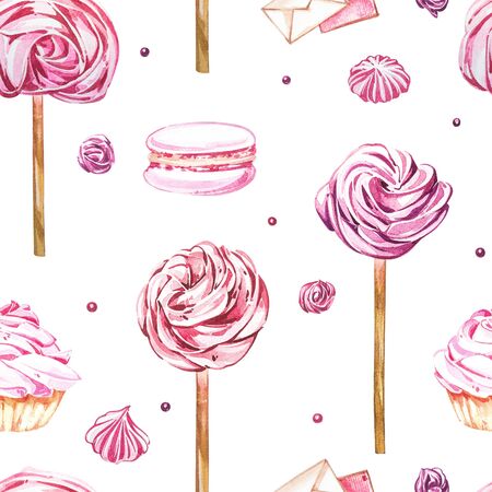 Watercolor image of a seamless pattern of sweets, candies in the shape of hearts, chocolates, cakes and envelope, Valentines Day. Perfect for cards, prints, invitations, birthday cards.の写真素材