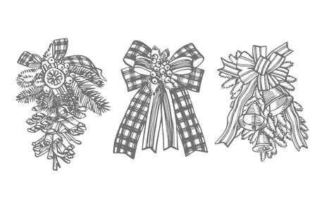 Christmas bow with branches of Christmas trees. Hand drawn illustration. New year and Christmas design elements. Greeting card invitation with xmas graphic. Vintage illustrationのイラスト素材