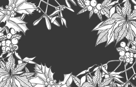Christmas winter plants, flowers and berries. Greeting card invitation with xmas graphic. Vintage illustration.のイラスト素材