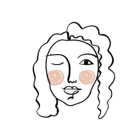 Girl fashion sketch. Simple hand drawn line portrait face art. Print for clothes, textile and other. Picasso inspired style.のイラスト素材