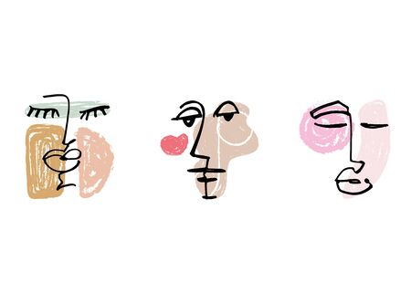 Simple hand drawn black and white trendy line portrait faces art. Color print for clothes, textile and other. Vector illustration, EPSのイラスト素材