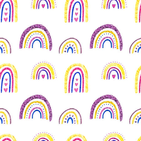 Rainbow clipart. Baby cute rainbow watercolor illustration. Isolated on white background. Cute magical rainbow, scandi nursery, fun pink pretty. Seamless pattern.の写真素材