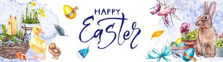 Easter poster and banner template with Easter eggs in the nest on light green background.