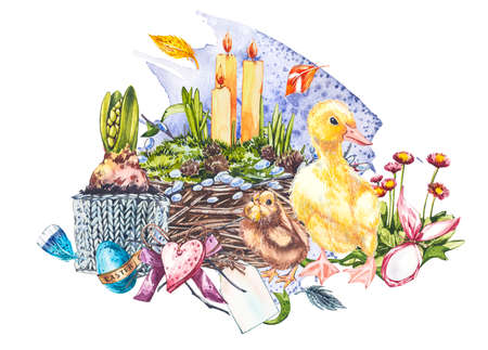 Easter set and template clip art with Easter eggs, flowers, animals, easter cake, birds nest on...