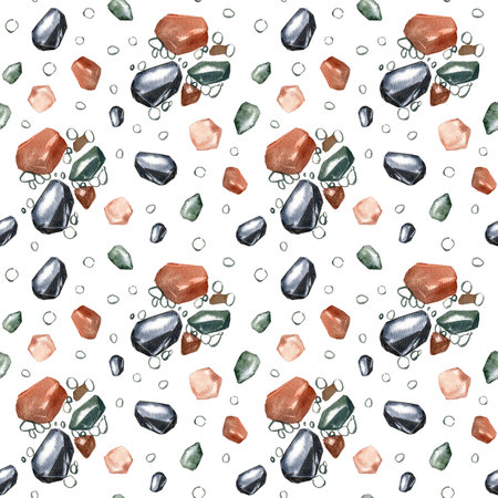 Seamless pattern color stones isolated on white background. Watercolor hand drawing illustration. Art for nature designの写真素材