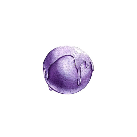 Purple realistic ball with flowing liquid and drops isolated on white background. Watercolor hand drawing illustrationの写真素材