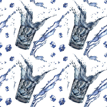 Seamless pattern glass of water, ice, splash, drops isolated on white background. Watercolor hand drawing illustrationの写真素材