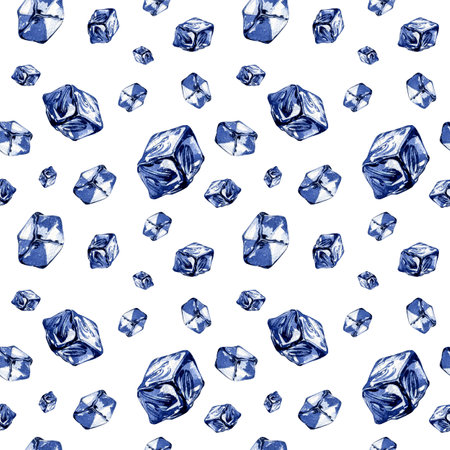 Seamless pattern water ice cubes isolated on white background. Watercolor handrawing illustration. Art original designの写真素材