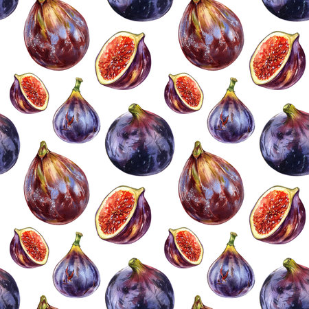 Seamless pattern fresh fig fruit, slice isolated on white. Watercolor hand drawing botanic illustration. Art for designの写真素材