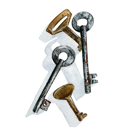 Rusty metal brass and iron key isolated on white background. Watercolor hand draw realistic illustration. Art for designの写真素材