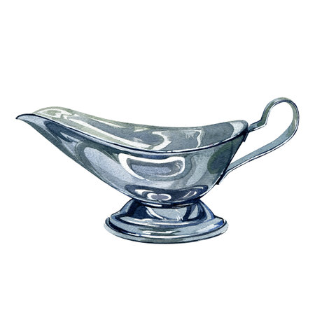 Metal silver gravy boat isolated on white background. Watercolor hand draw realistic illustration. Art for design posterの写真素材