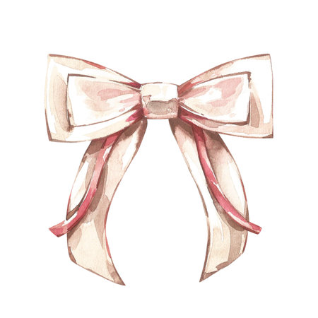 White realistic silk ribbon bow isolated on white. Watercolor hand drawing illustration. Fashion sketch. Art for designの写真素材