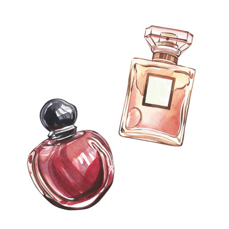 Red and golden glass perfume bottles isolated on white background. Watercolor hand drawing illustration. Art for designの写真素材