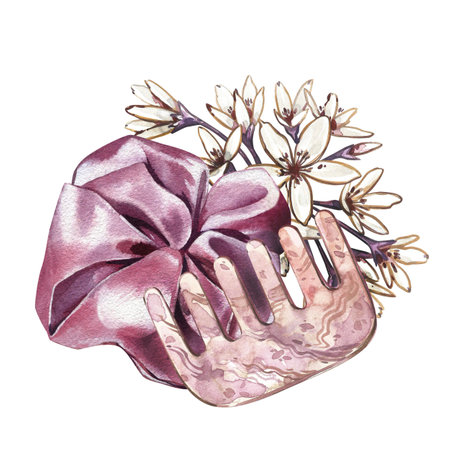 Massager hair comb gua sha and hair bow isolated on white background. Watercolor hand drawn illustration. Art for designの写真素材