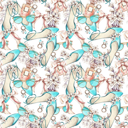 Seamless pattern shoes, sunglasses, jewelry, perfume, bow, flowers isolated on white. Watercolor hand drawn illustrationの写真素材