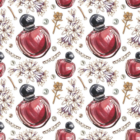 Seamless pattern glass perfume bottle with pearl hairpin, flower isolated on white. Watercolor hand drawing illustrationの写真素材