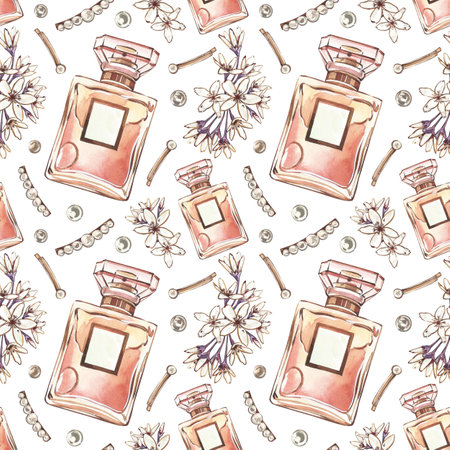 Seamless pattern glass perfume bottle with pearl hairpin, flower isolated on white. Watercolor hand drawing illustrationの写真素材
