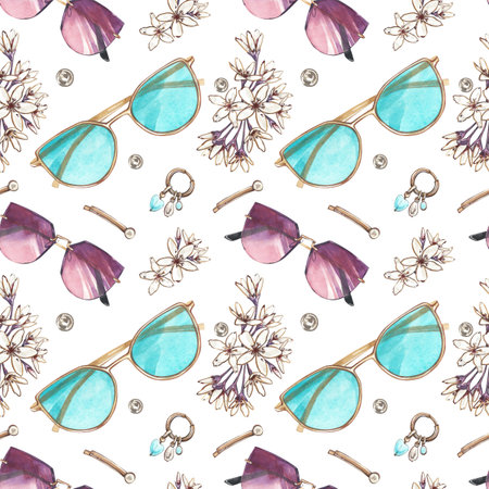 Seamless pattern color sunglasses, flowers, earring isolated on white. Watercolor handrawn illustration. Art for designの写真素材