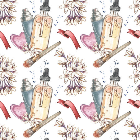 Seamless pattern massager gua sha, cream skin care, brush, flowers isolated on white. Watercolor hand drawn illustrationの写真素材