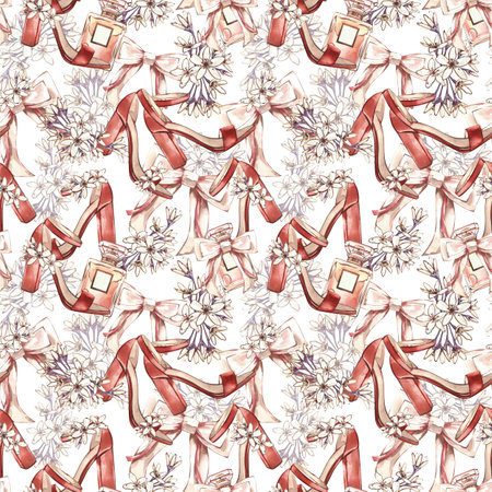 Seamless pattern sandals shoes, perfume bottle, silk bow, flowers isolated on white. Watercolor hand drawn illustrationの写真素材