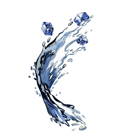 Water blue splashing with ice cubes isolated on white background. Watercolor handrawing beauty illustration. Art designの写真素材