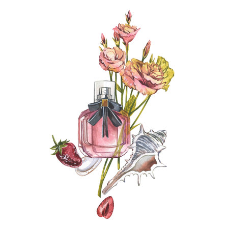 Perfume bottle with eustoma, seashell, strawberry isolated on white. Watercolor hand drawn illustration. Art for designの写真素材