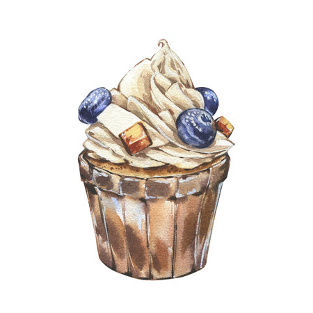Cupcake with vanilla cream and blueberry isolated on white background. Watercolor hand draw illustration for design menuの写真素材