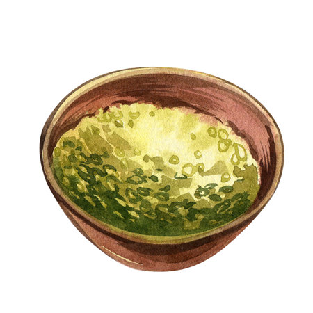 Dry green tea matcha in bowl isolated on white background. Watercolor hand draw sketch illustration. Art for herb designの写真素材