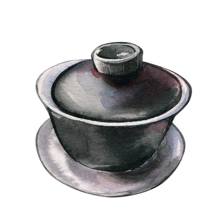 Asian bowl cup for tea ceremony isolated on white background. Watercolor hand drawn gaiwan illustration. Art for designの写真素材