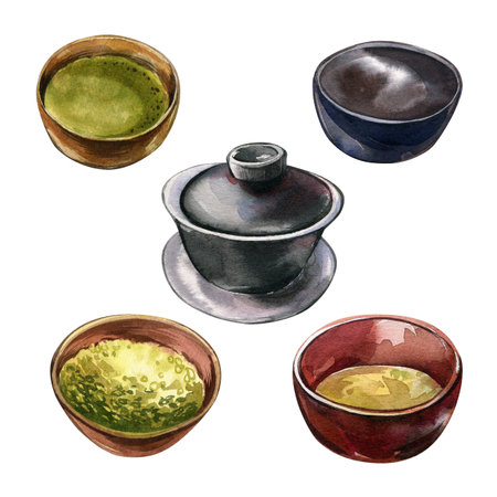 Set tea drink in bowl cup isolated on white background. Watercolor hand drawn sketch illustration. Art for herb designの写真素材