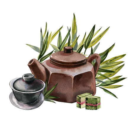 Teapot, black bowl, pressed tea squares isolated on white background. Watercolor hand drawn illustration. Art for designの写真素材