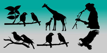 black silhouette illustration, animal and human imageのイラスト素材