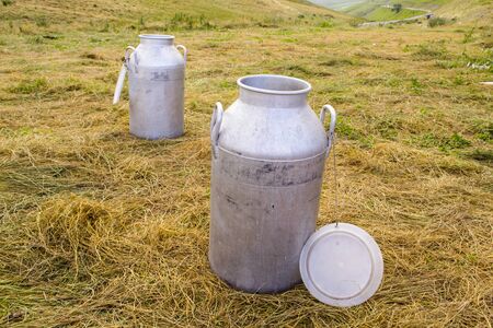 Milk tanks ian italian pasture ready to be filled upの写真素材