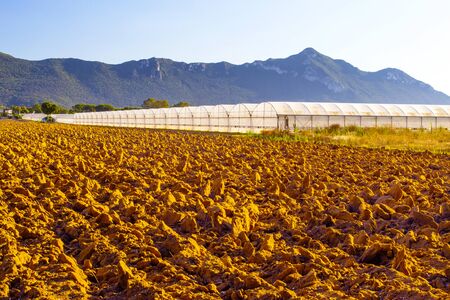 Plowed fields and green houseの写真素材
