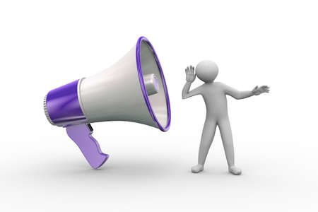3d illustration of man listening to large megaphone annoucement. 3d human person character and white peopleの写真素材