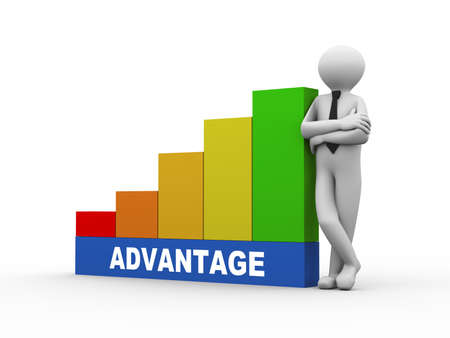 3d illustration of business person with advantage progress growth rising bars. 3d human person character and white peopleの写真素材