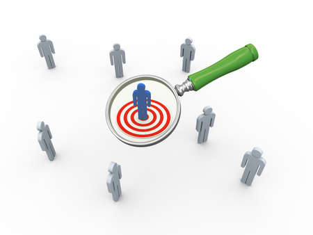 3d illustration of magnifying glass hovers over targeted audience buyer. Concept of searching...