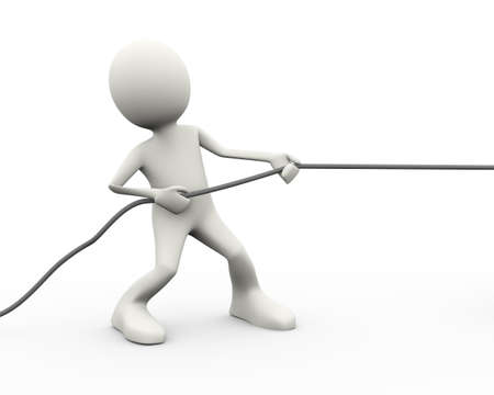 3d illustration of man pulling a rope. Tug war concept. 3d human person character and white peopleの写真素材