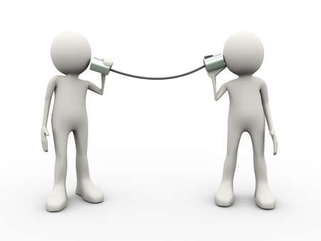 3d illustration of man talking with the help of metallic tine can phone. 3d human person character and white peopleの写真素材