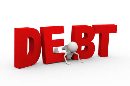 3d illustration of person caught and trapped in the word debt. 3d human person character and white...