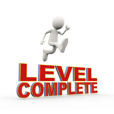 3d illustration of man jumping over words level complete. 3d human person character and white people
