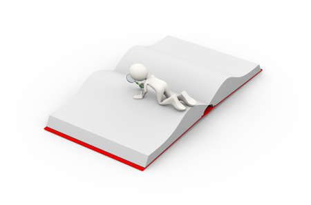 3d illustration of man with magnifying glass looking and finding something in the open book . 3d human person character and white peopleの写真素材