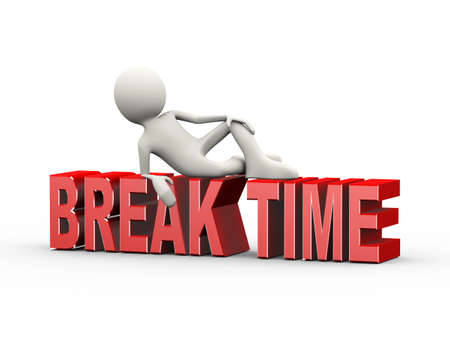 3d illustration of man stylish lying pose gesture on word break time. 3d human person character and white peopleの写真素材