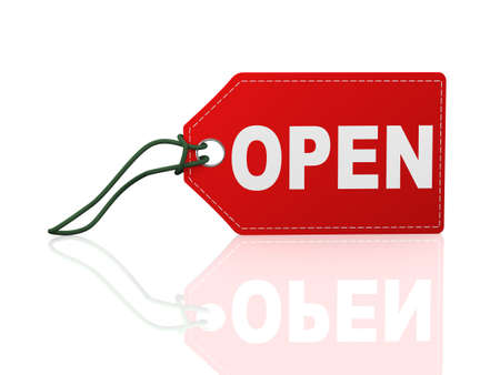 3d illustration of open word text label tag on reflection backgroundの写真素材