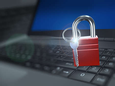 3d illustration of padlock with key on laptop keyboard. Concept of computer data security and...