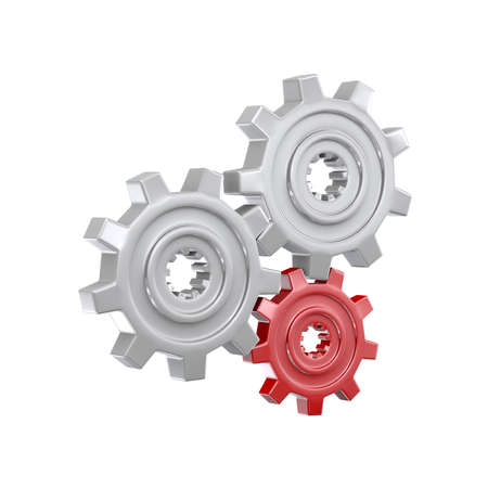 3d illustration of metal chrome gears cog wheel with one unique red gear