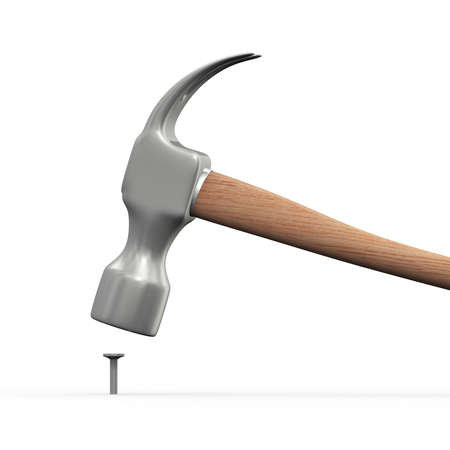 3d illustration of claw hammer hitting a metal steel nailの写真素材