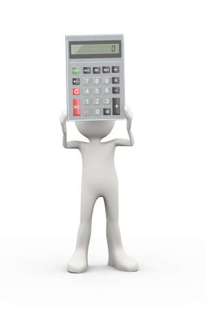 3d illustration of man holding calculator. 3d human person character and white peopleの写真素材
