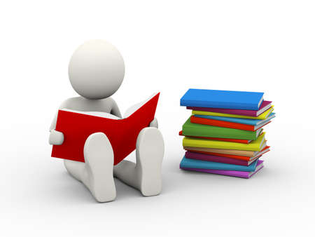 3d illustration of man reading book sitting near pile of books . 3d human person character and white peopleの写真素材